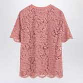 Dolce & Gabbana Pink Stretch Floral Lace T-Shirt with Wavy Hem Pink