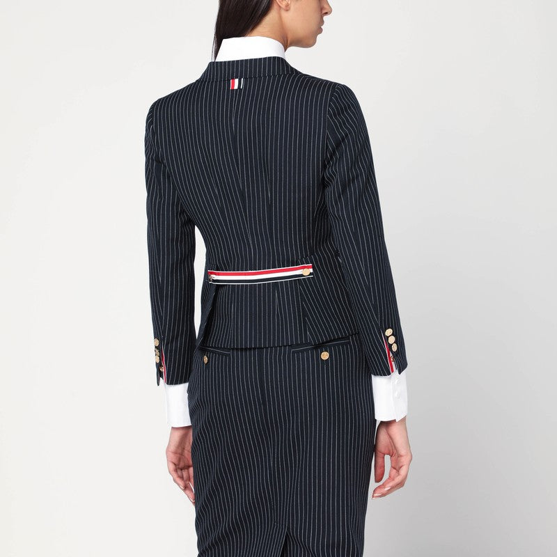 Thom Browne Navy Pinstripe Wool Blazer with Signature Tricolour Detailing Blue