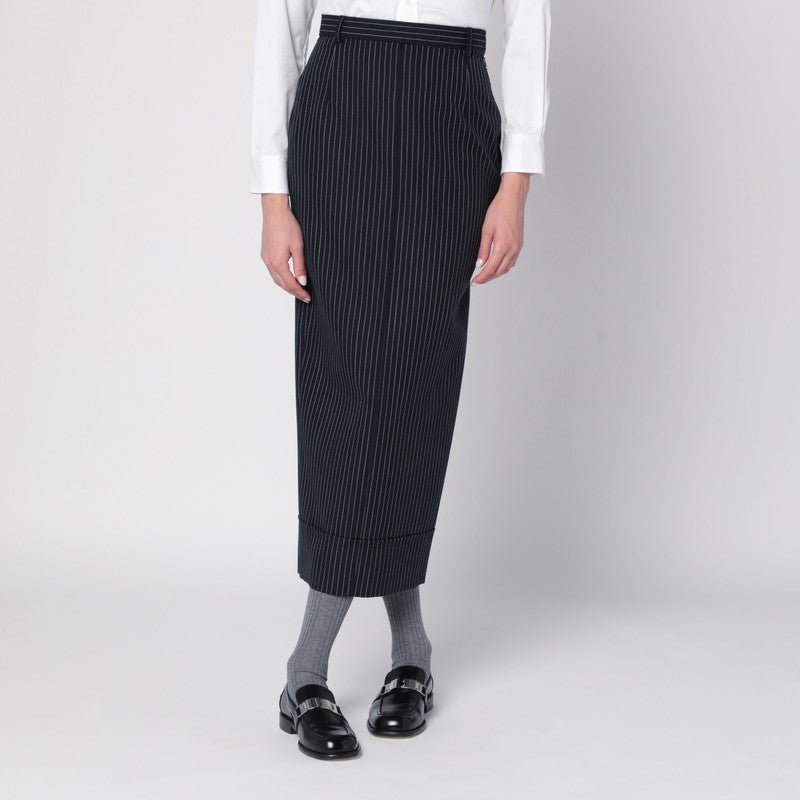 Thom Browne Navy Blue Pinstriped Virgin Wool Pencil Skirt Blue
