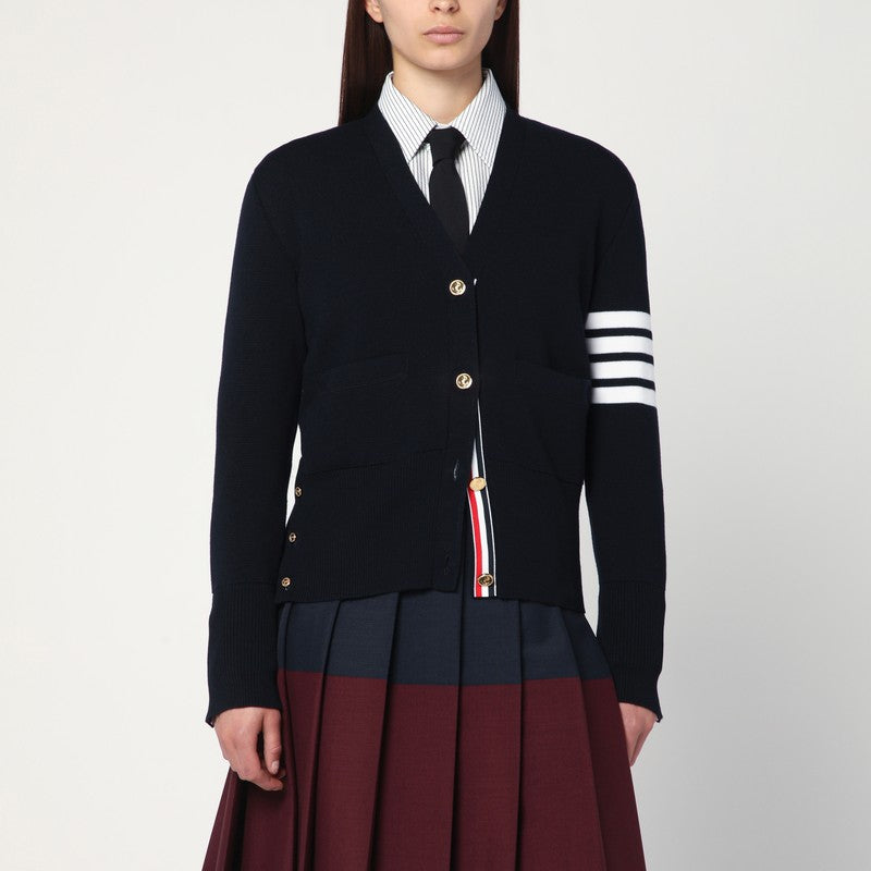 Thom Browne Navy Blue Wool 4-Bar V-Neck Cardigan Blue