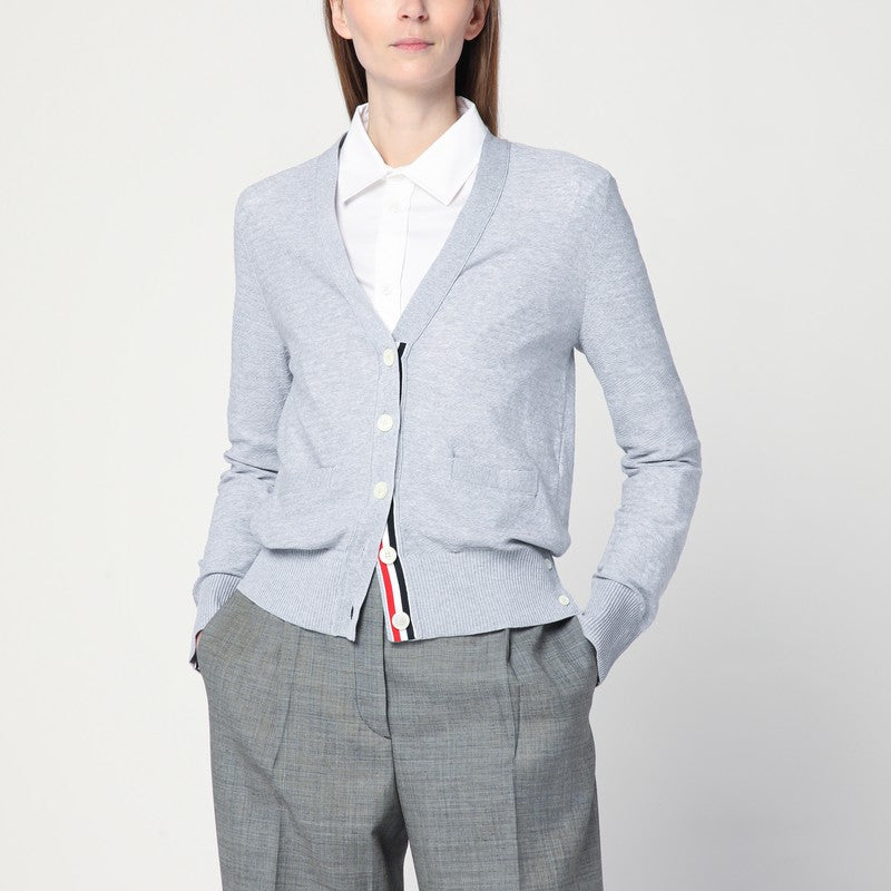 Thom Browne Light Grey Cotton and Silk Cardigan with Tricolour Detail grey