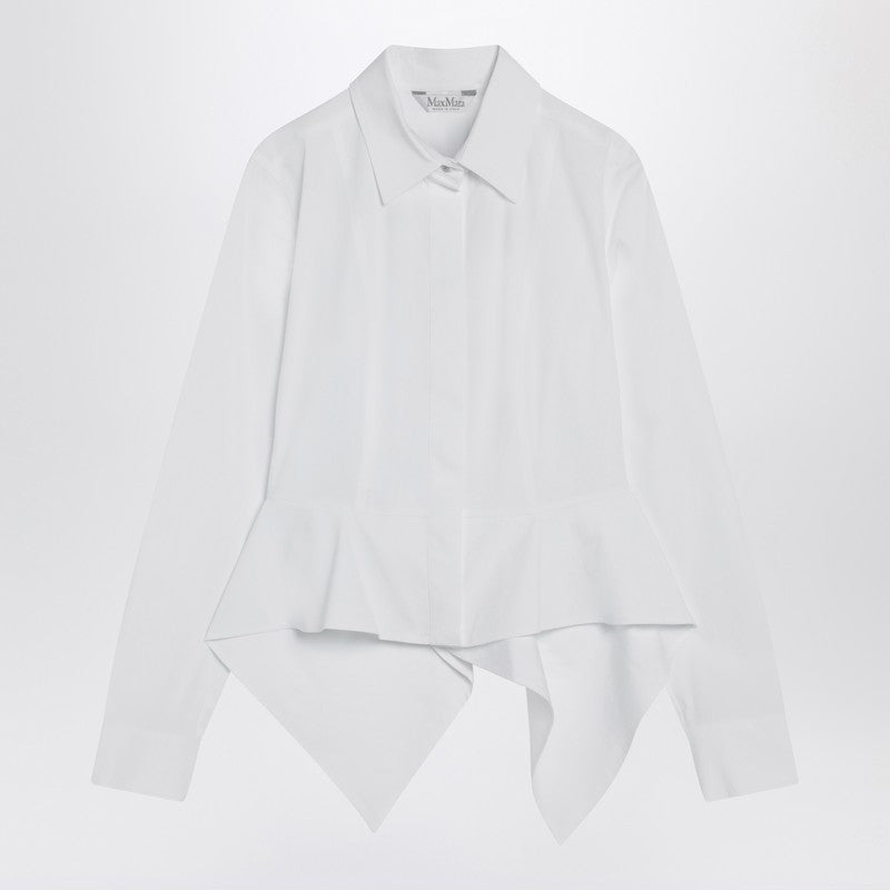Max Mara White Stretch Cotton Poplin Shirt with Asymmetric Waist Ruffle White