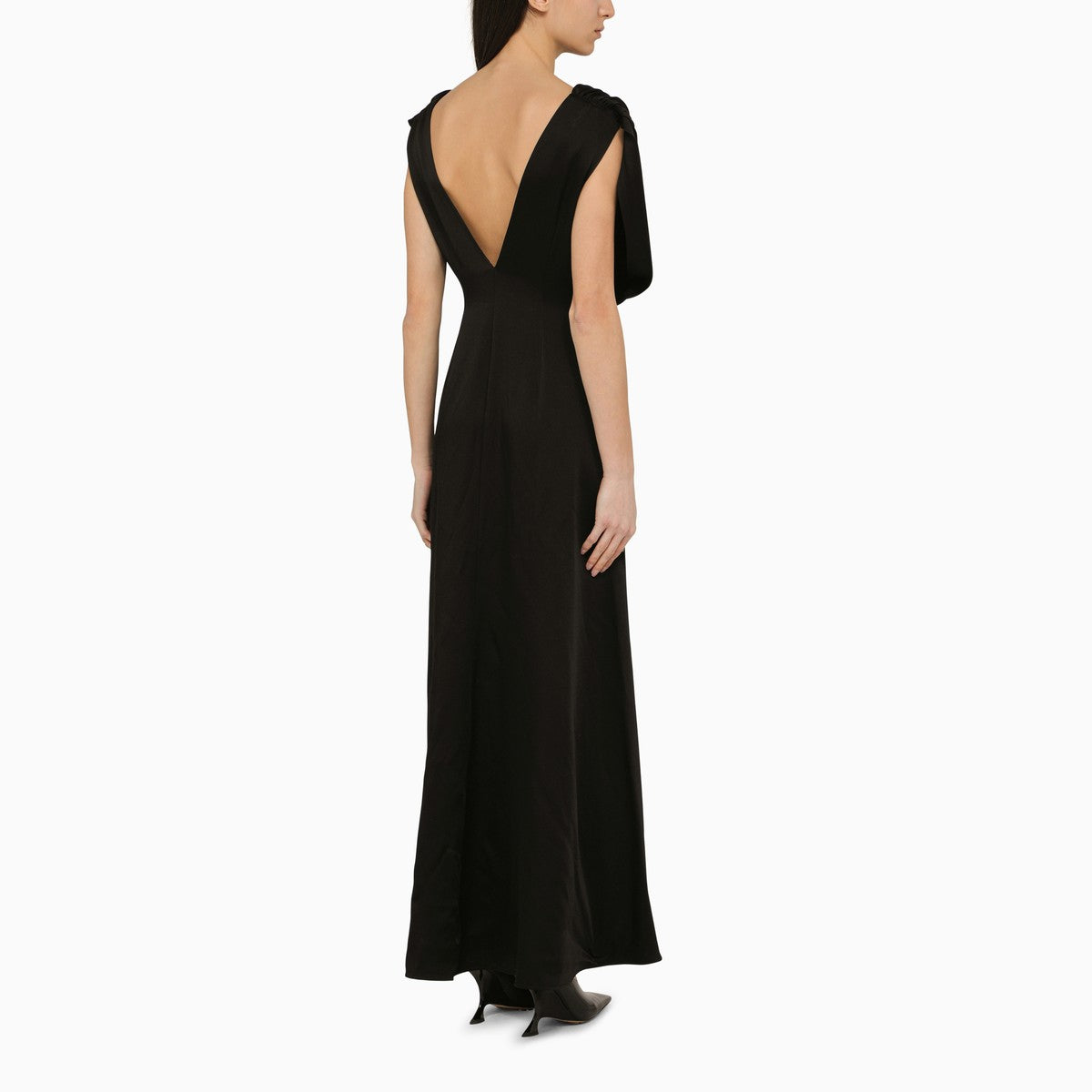Jil Sander Long Sleeveless Draped Dress with Black Ruffles Black