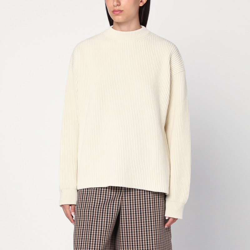 Jil Sander White Ribbed Wool Oversized Crewneck Sweater White