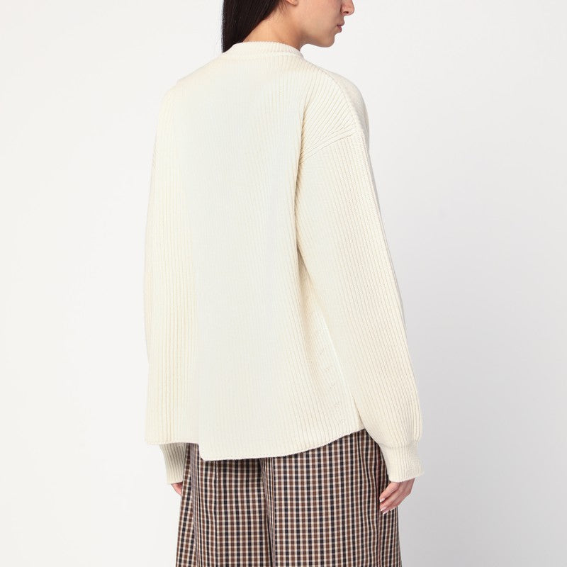 Jil Sander White Ribbed Wool Oversized Crewneck Sweater White