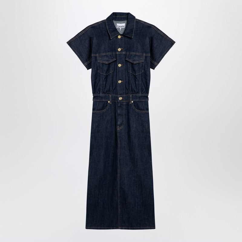 Ganni Blue Organic Denim Midi Dress with Gold-Tone Buttons Light blue