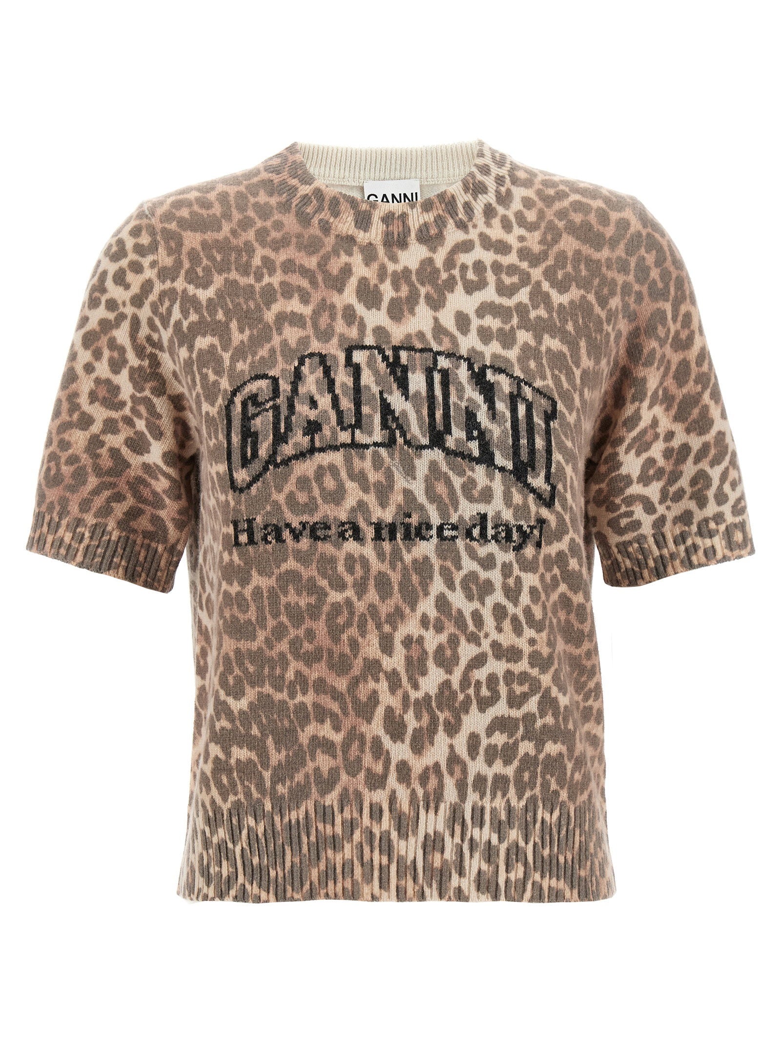 Ganni Leopard Wool Mix T-shirt Brown