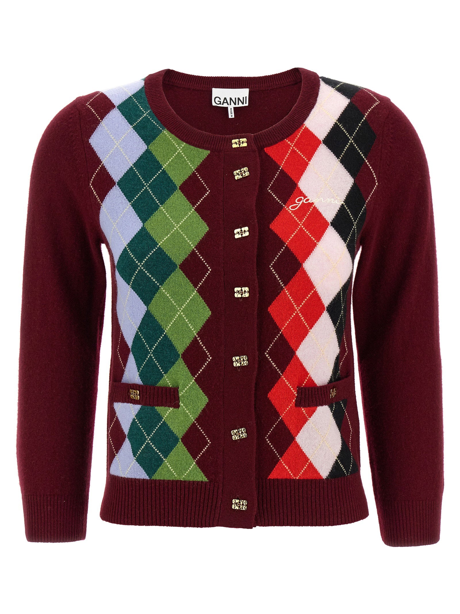 Ganni Burgundy Check Cardigan Bordeaux