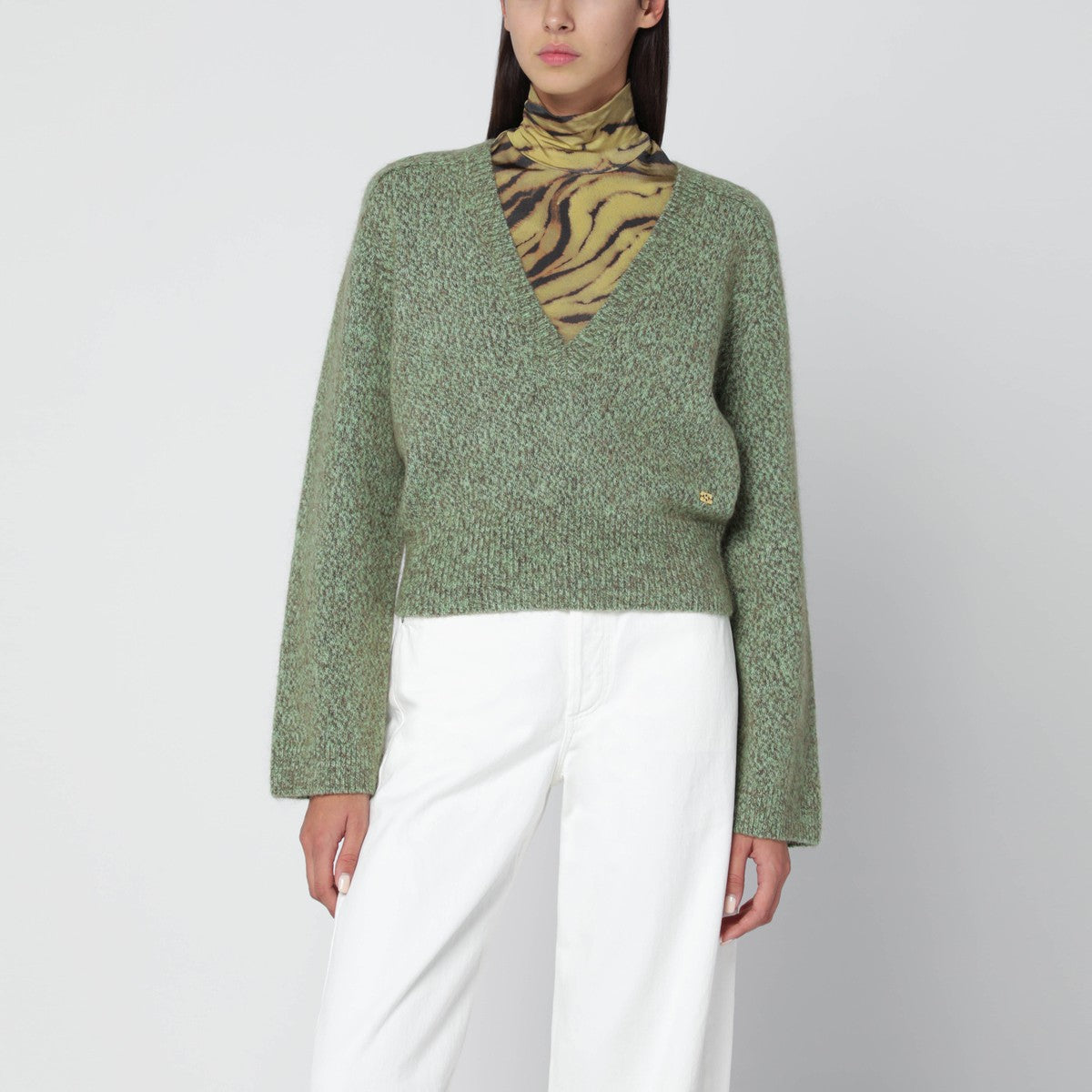Ganni Green Wool-Blend Textured V-Neck Sweater Green