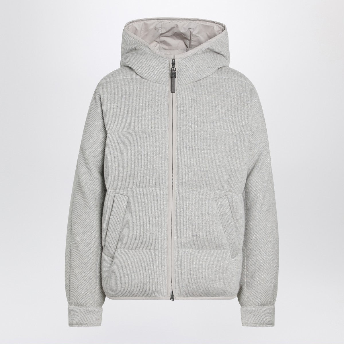 Brunello Cucinelli Greige Cashmere-Blend Down Jacket with Lamé Hood Grey
