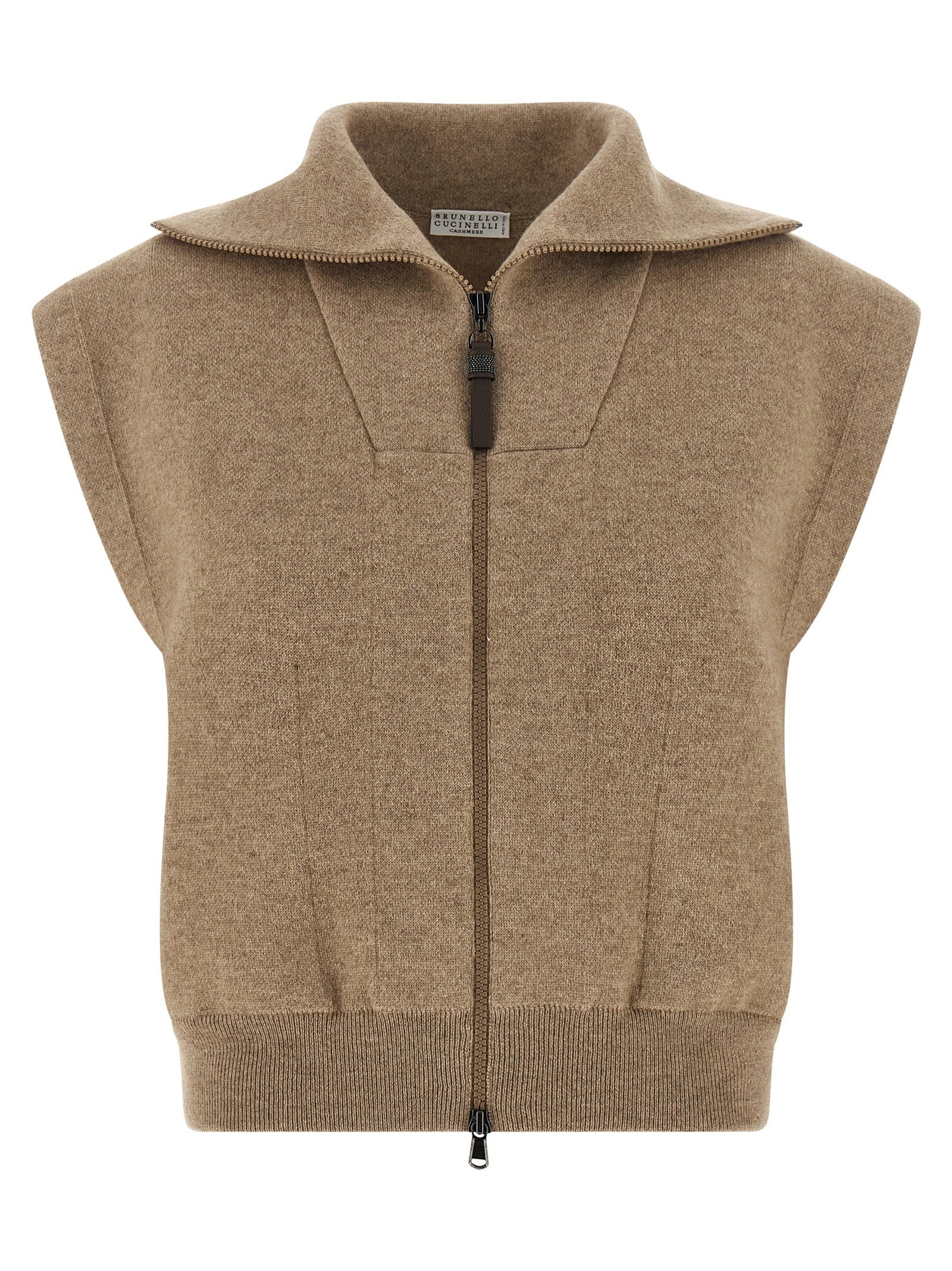 Brunello Cucinelli Shiny Zipper Pull Vest Beige