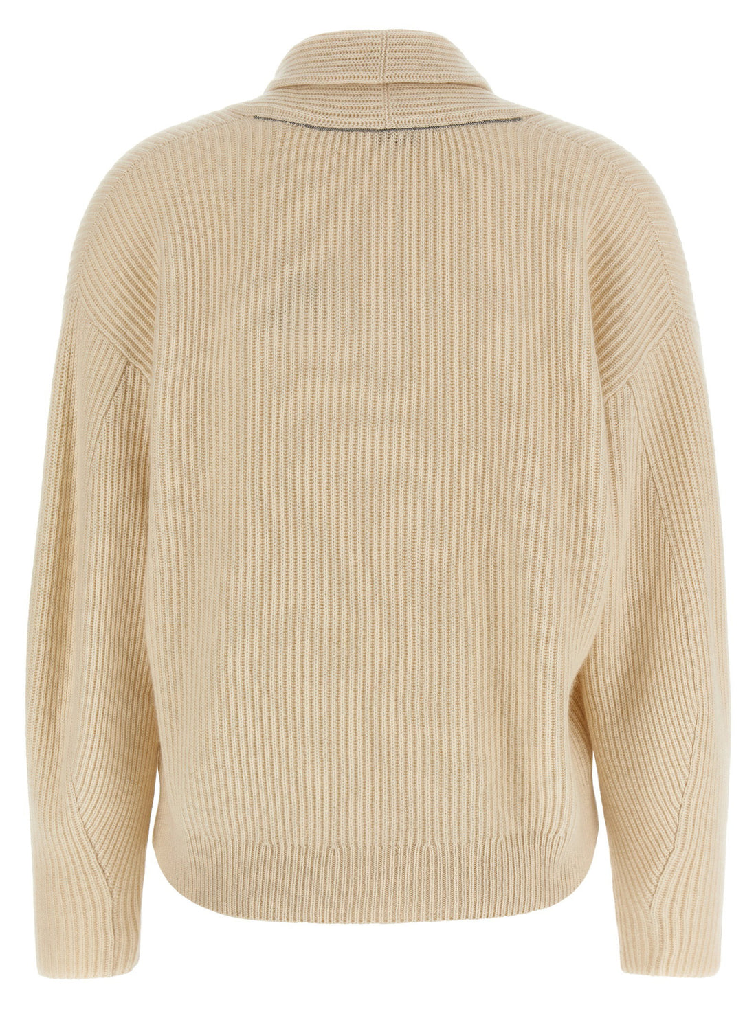 Brunello Cucinelli Shawl Neck Ribbed Sweater Beige