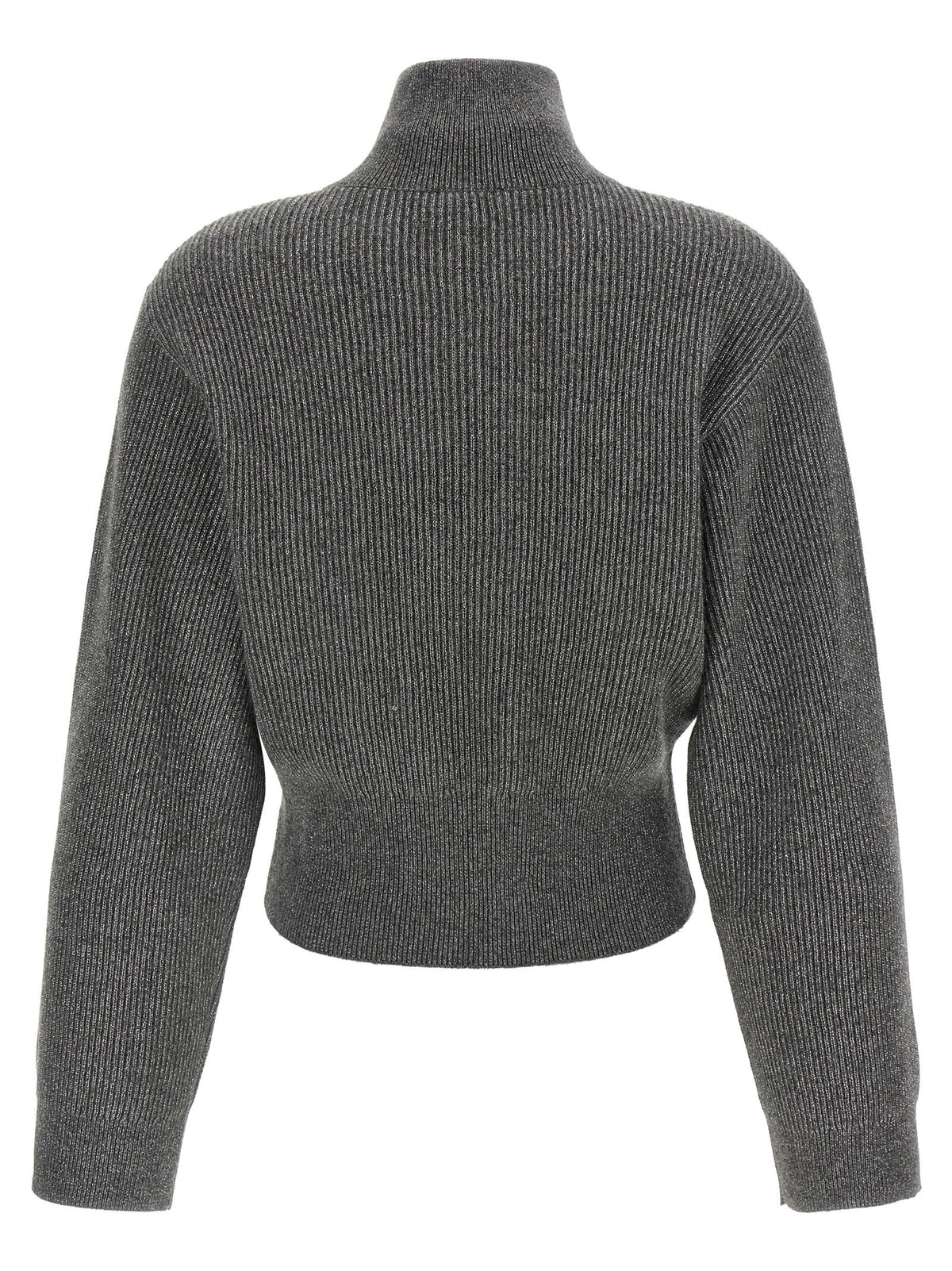 Brunello Cucinelli Ribbed Cardigan With Leather Detail Gray