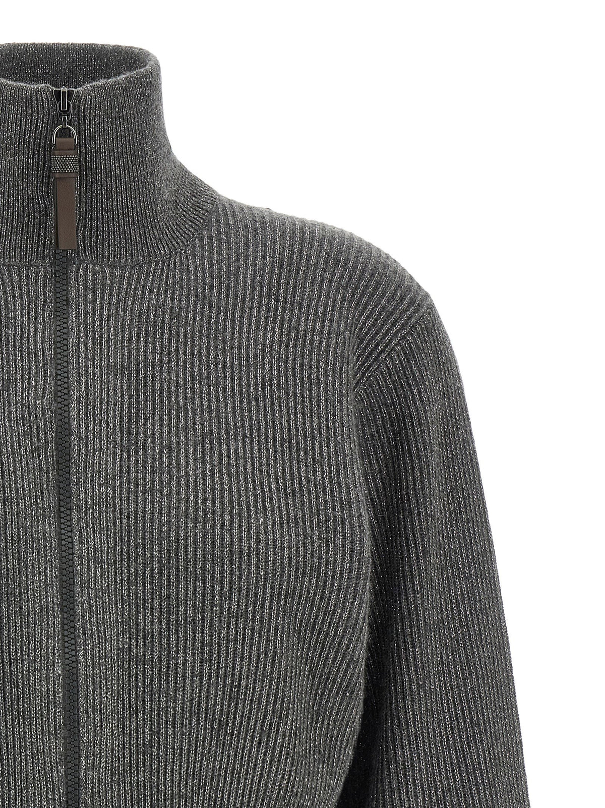 Brunello Cucinelli Ribbed Cardigan With Leather Detail Gray