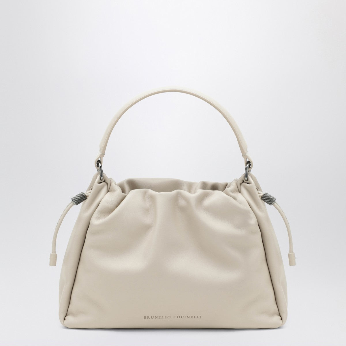 Brunello Cucinelli Small Ivory Leather Bucket Bag with Drawstring White