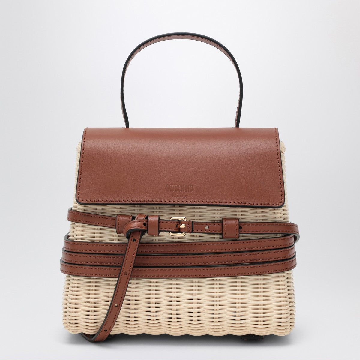 Moschino Tie Mie Raffia and Leather Top Handle Bag Beige