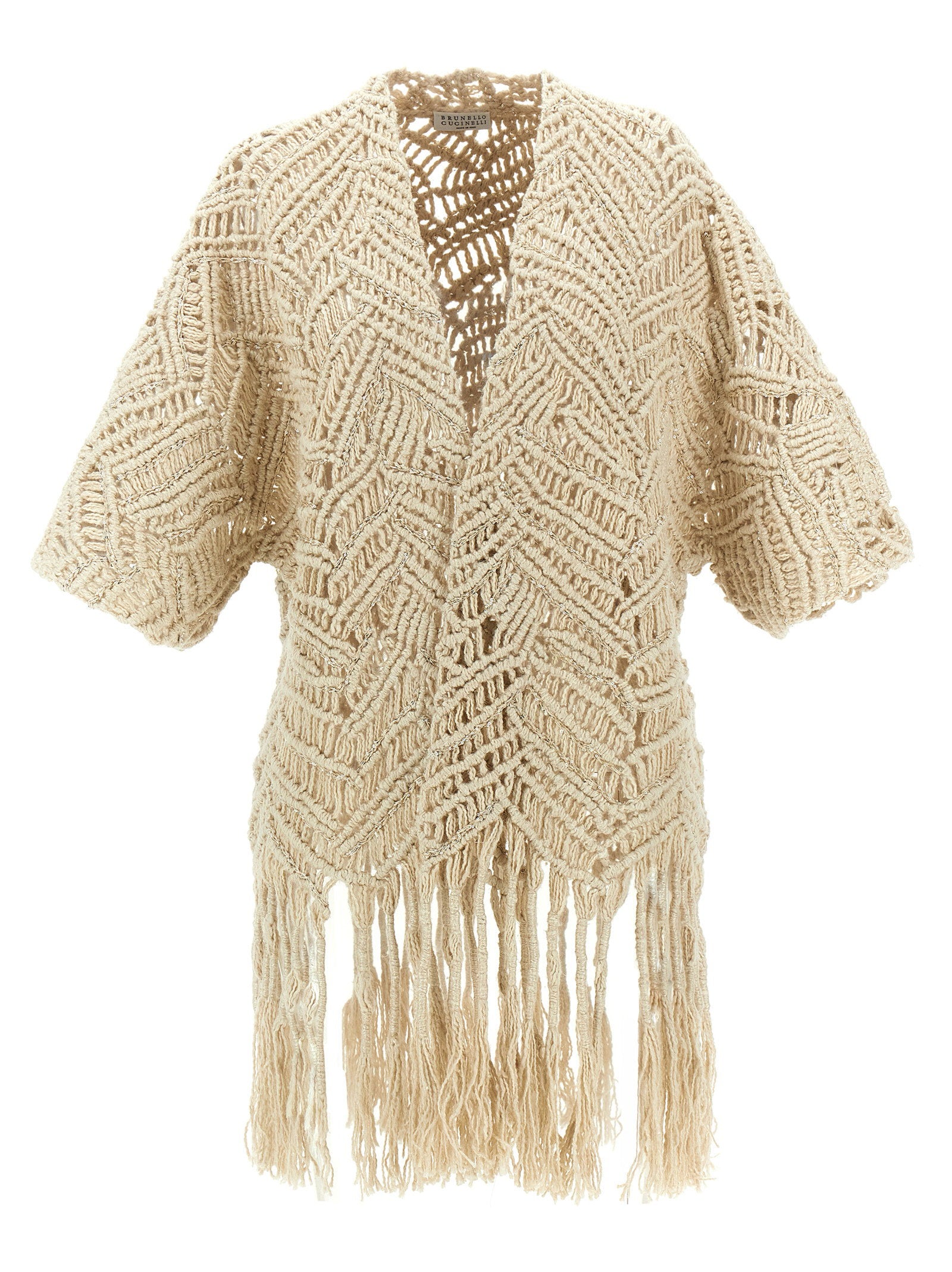 Brunello Cucinelli Opera Dazzling Macramé Cardigan Beige