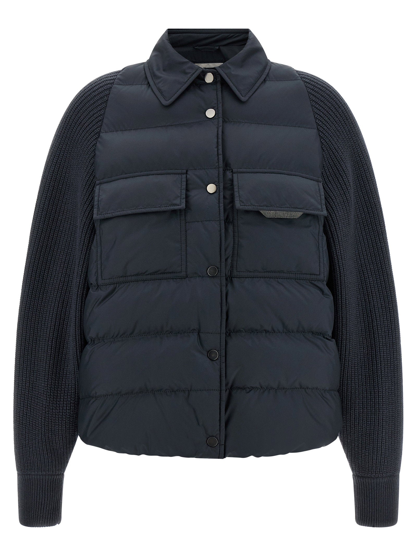 Brunello Cucinelli Shiny Flap Detail Down Jacket Blue