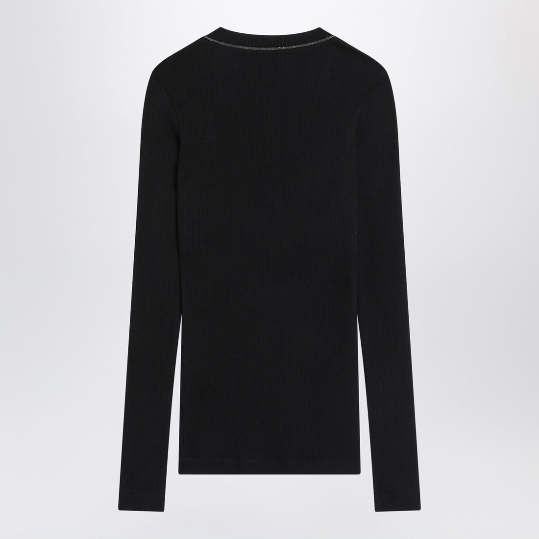 Brunello Cucinelli Blue Ribbed Wool Sweater with Jewel V-Neck Blue