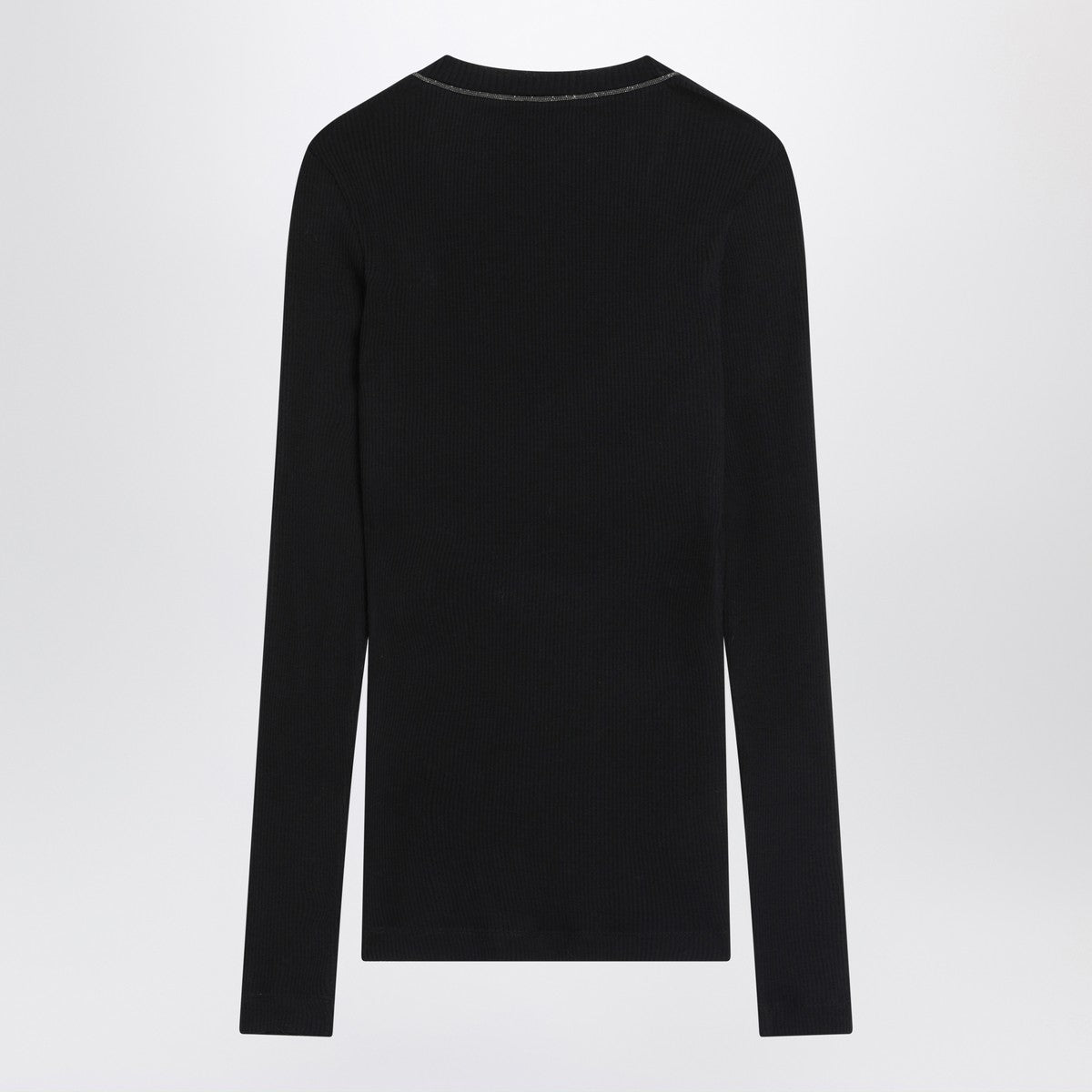 Brunello Cucinelli Blue Ribbed Wool Sweater with Jewel V-Neck Blue