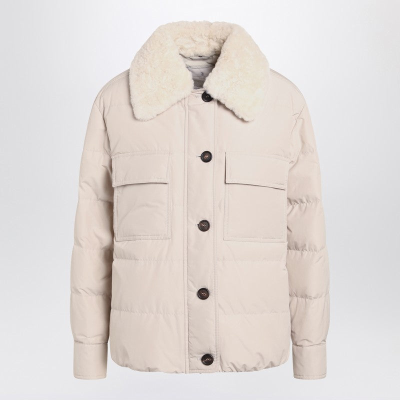 Brunello Cucinelli Light Grey Quilted Jacket with Fur Collar Grey