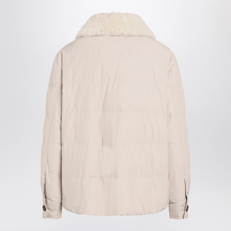 Brunello Cucinelli Light Grey Quilted Jacket with Fur Collar Grey