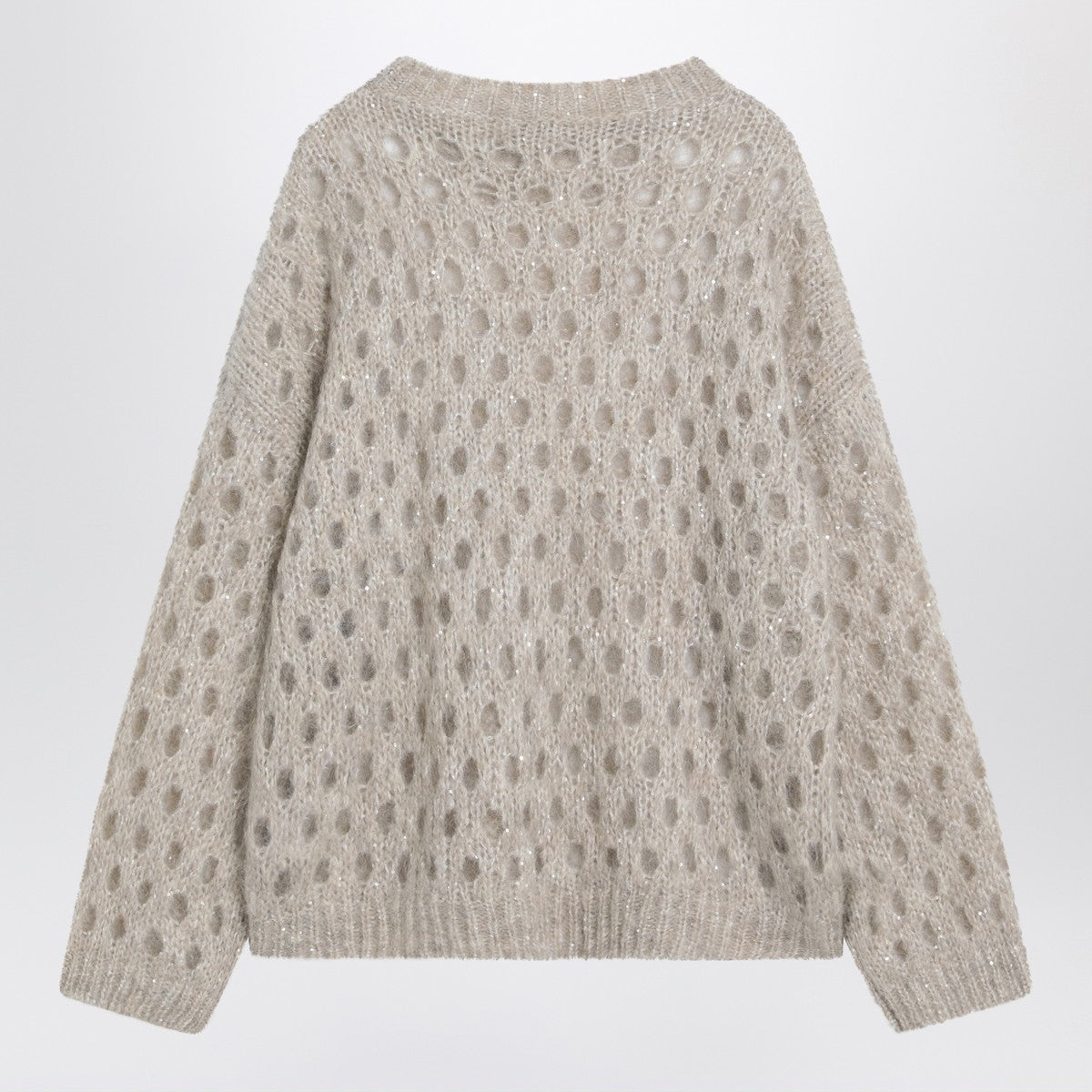 Brunello Cucinelli Beige Openwork Mohair-Blend Sweater with Sequins Beige