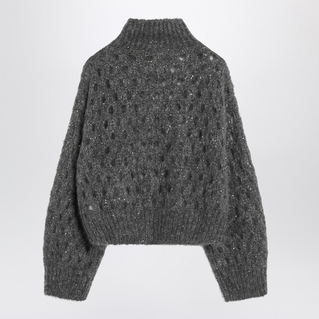 Brunello Cucinelli Grey Mohair-Blend Openwork Turtleneck Sweater With Sequins Grey