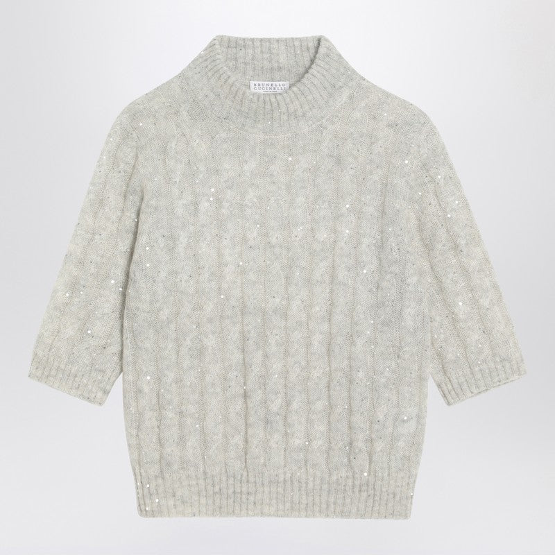 Brunello Cucinelli Light Grey Mohair-Blend Cable-Knit Short-Sleeve Sweater Grey