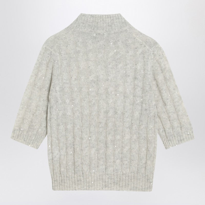 Brunello Cucinelli Light Grey Mohair-Blend Cable-Knit Short-Sleeve Sweater Grey