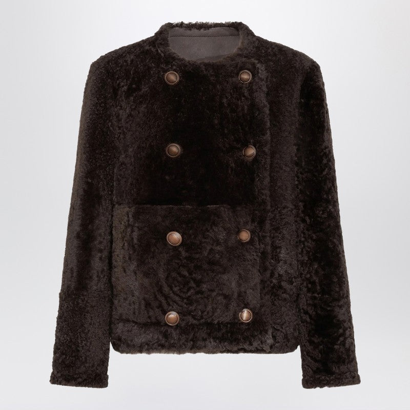 Brunello Cucinelli Reversible Cropped Shearling Fuzzy Jacket in Brown