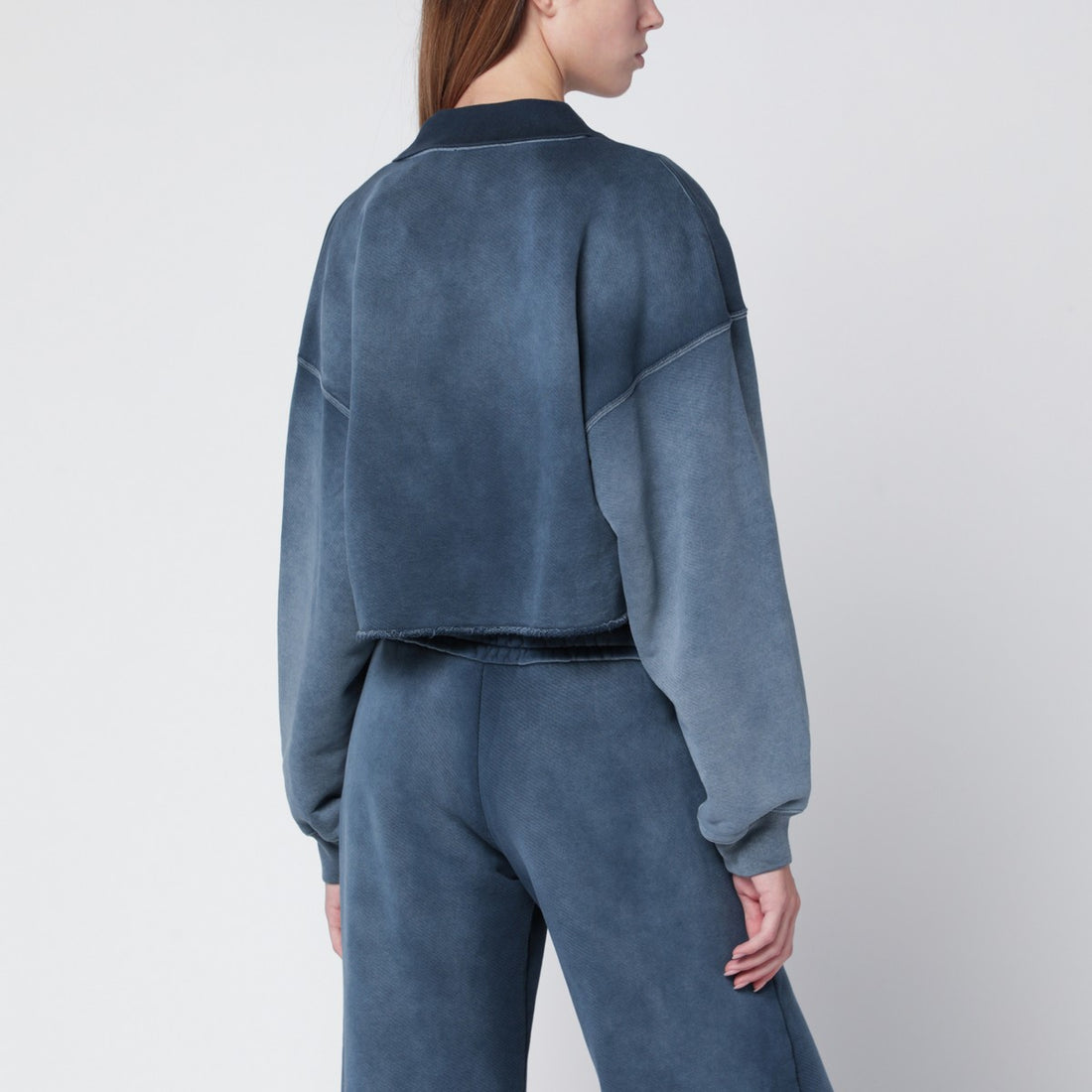 Off White Cropped Washed-Effect Cotton Sweatshirt Light Blue