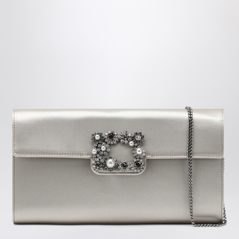Roger Vivier Pearl Grey Satin Clutch Bag with Jeweled Buckle Grey