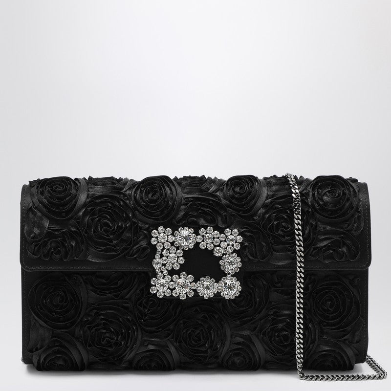 Roger Vivier Black Silk Efflorescence Clutch Bag with Jewelled Buckle Black