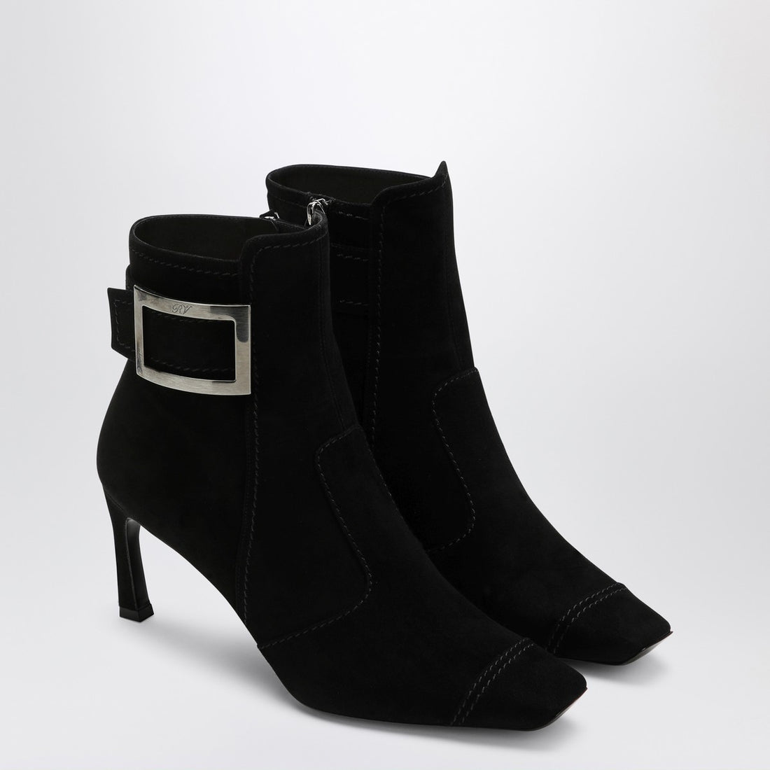 Roger Vivier Black Suede Trompette Ankle Boots with Square Toe Black