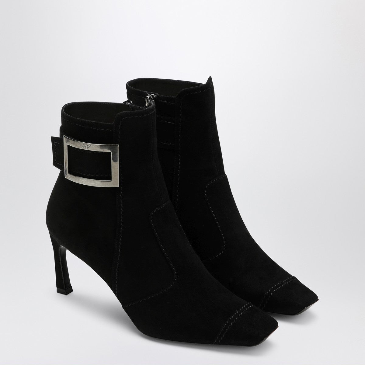 Roger Vivier Black Suede Trompette Ankle Boots with Square Toe Black