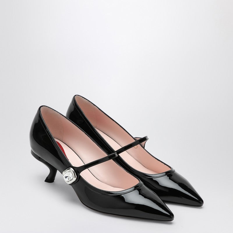 Roger Vivier Black Patent Leather Mary Jane Virgule Pumps with Crystal Strap Black