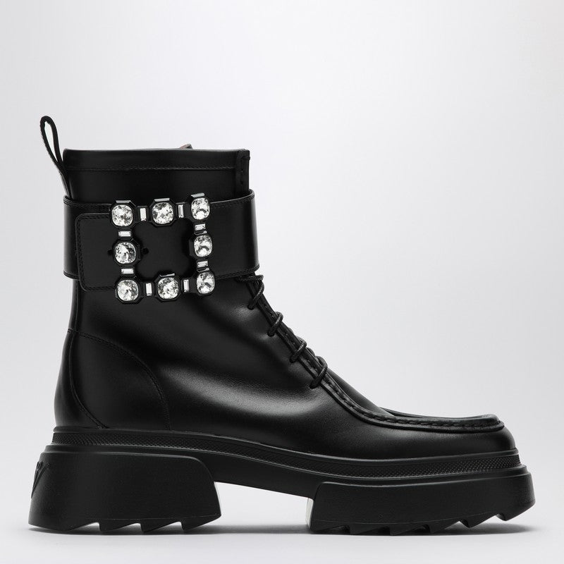 Roger Vivier Black Leather Lace-Up Boots with Rhinestone Buckle Black