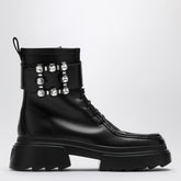 Roger Vivier Black Leather Lace-Up Boots with Rhinestone Buckle Black