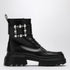 Roger Vivier Black Leather Lace-Up Boots with Rhinestone Buckle Black