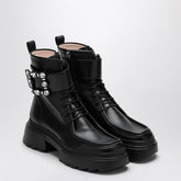 Roger Vivier Black Leather Lace-Up Boots with Rhinestone Buckle Black