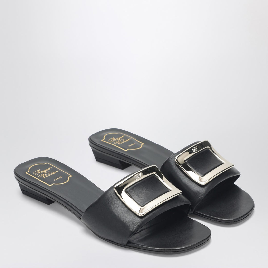 Roger Vivier Square Buckle Leather Slides Black