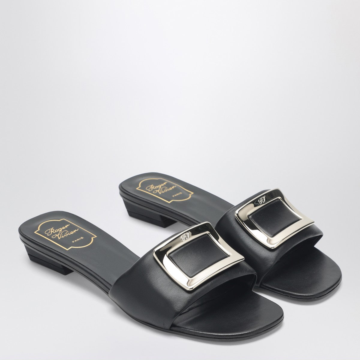 Roger Vivier Square Buckle Leather Slides Black