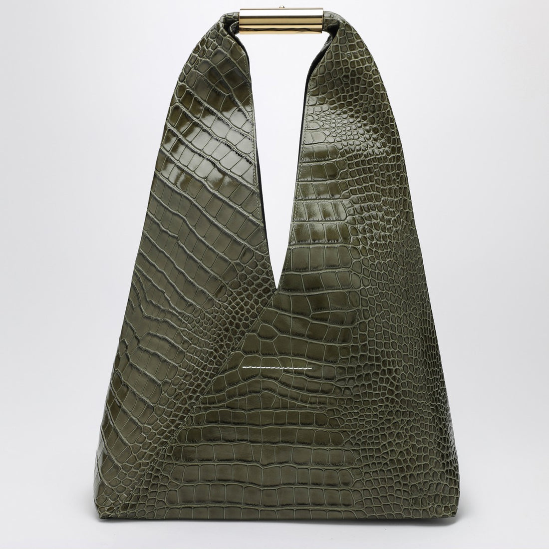 MM6 Maison Margiela Medium Olive Green Embossed Crocodile-Effect Leather Handbag with Brass Handle green