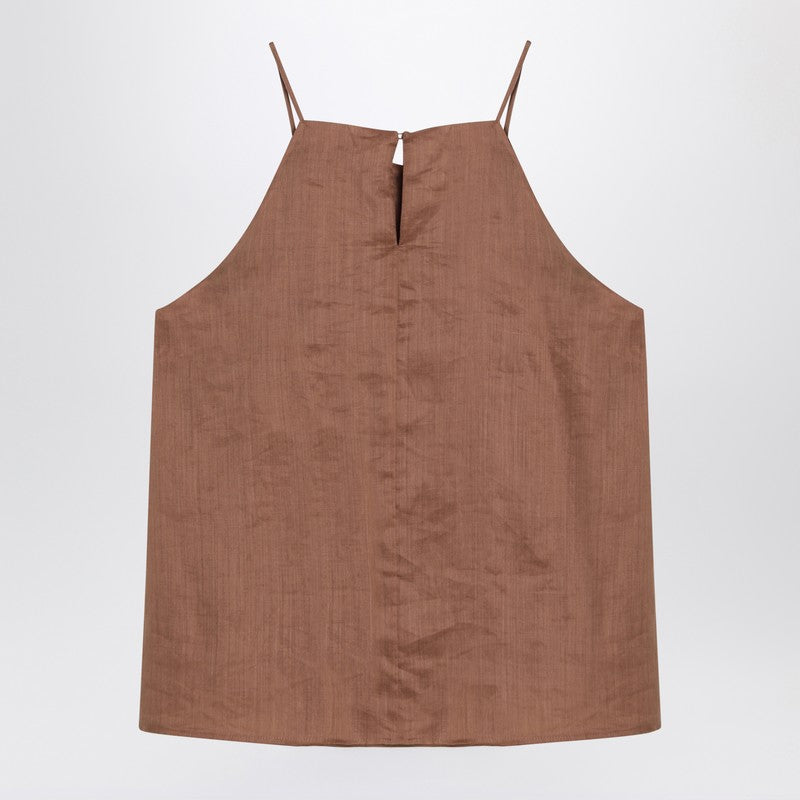 Max Mara Studio Tobacco-Coloured Ramie Gauze Top with American Neckline Brown