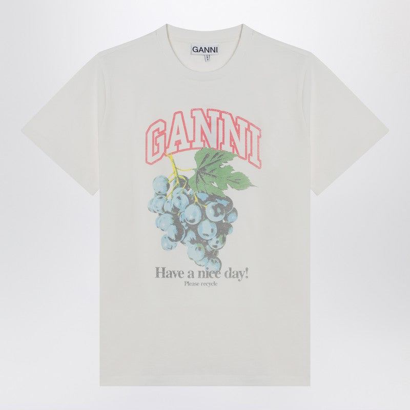 Ganni Ivory Organic Cotton T-shirt with Grape Print Beige