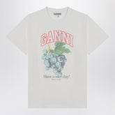 Ganni Ivory Organic Cotton T-shirt with Grape Print Beige