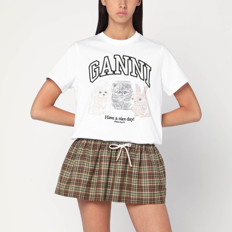 Ganni White Organic Cotton Logo & Cat Print T-Shirt White