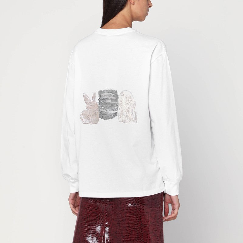 Ganni White Organic Cotton Logo and Cat-Print Sweater White