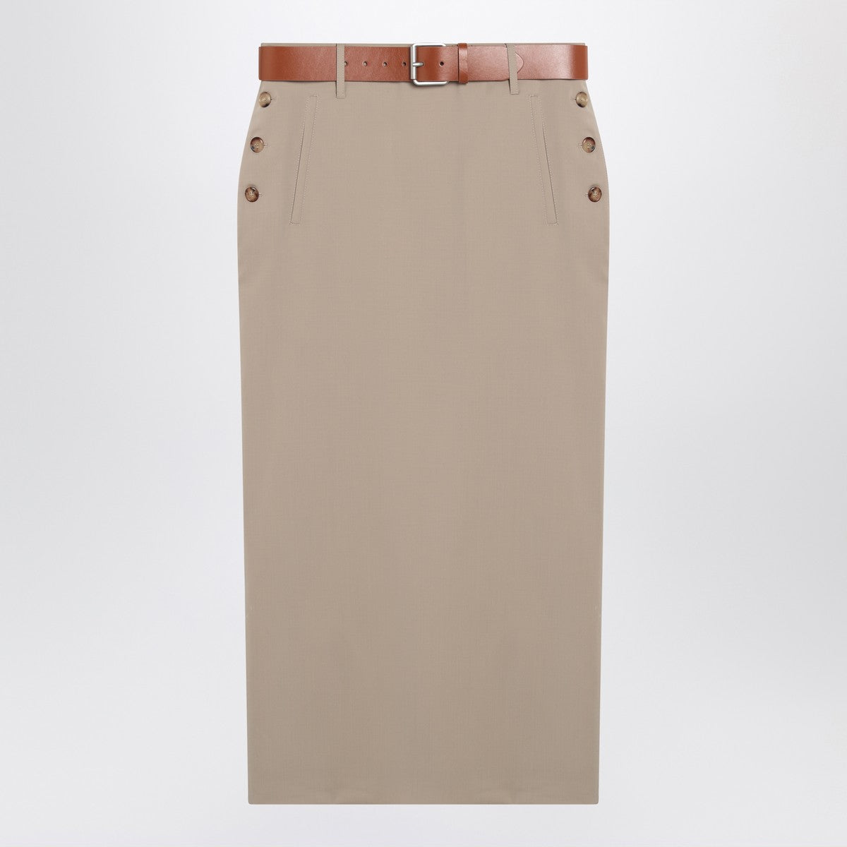 Moschino Virgin Wool Midi Skirt with Adjustable Belt Beige